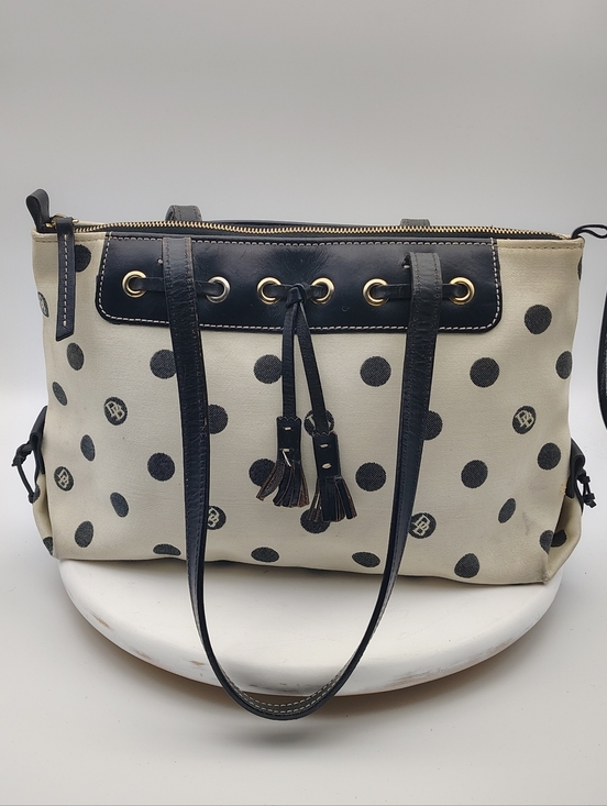 Dooney & Bourke Handbags - Dooney & Bourke Polka Dot Tote Bag with Tassel Detail - Black and Cream Combo